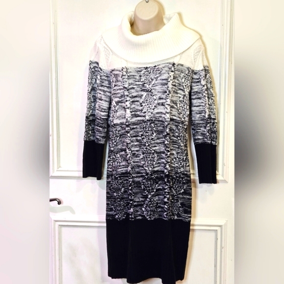 Studio One New York Black & White Cowl Neck Cable Knit Sweater Dress, Medium - Picture 12 of 16
